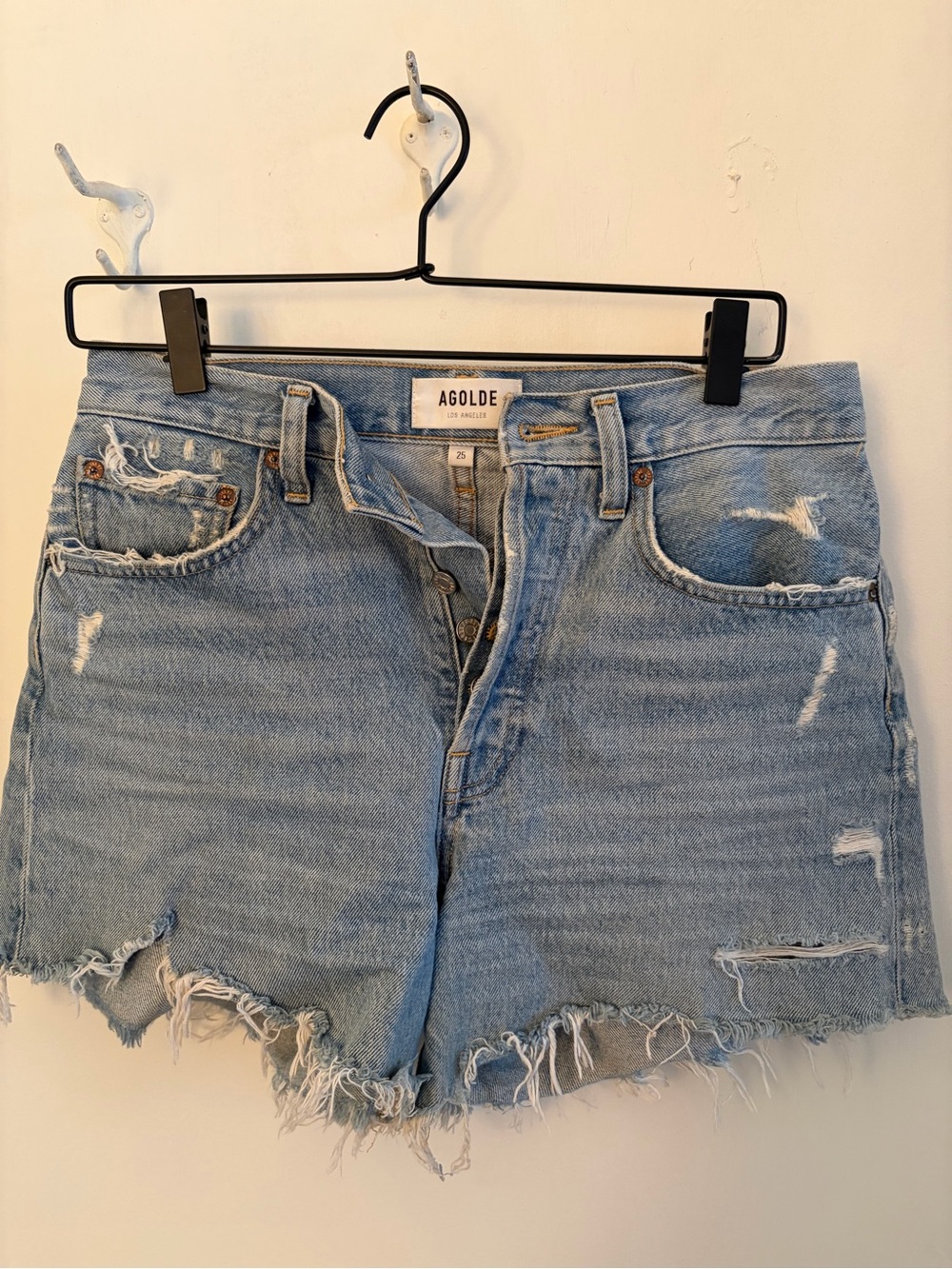Agolde Light Wash Distressed Denim Cutoff Shorts